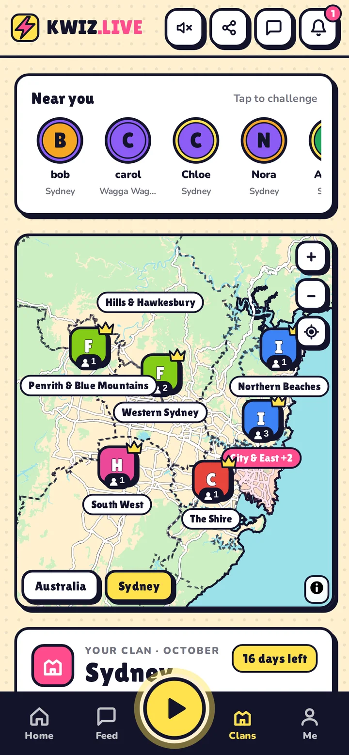 The KWIZ Clans tab: players near you at the top, then a map of Sydney with each area's most played topic and its crown holder.