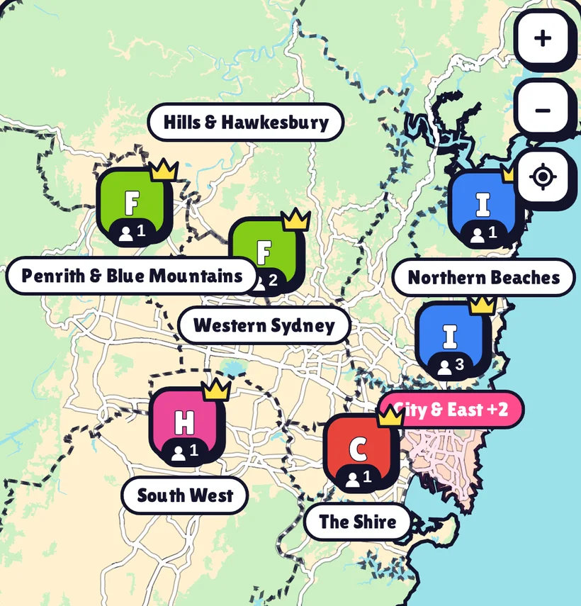 The KWIZ map of Sydney: each area shows its most played topic, its player count, and a crown for the local leader.